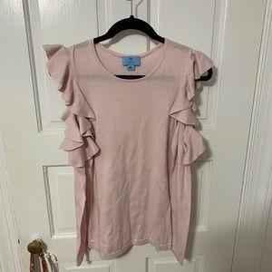 baby pink cold shoulder ruffle sweater